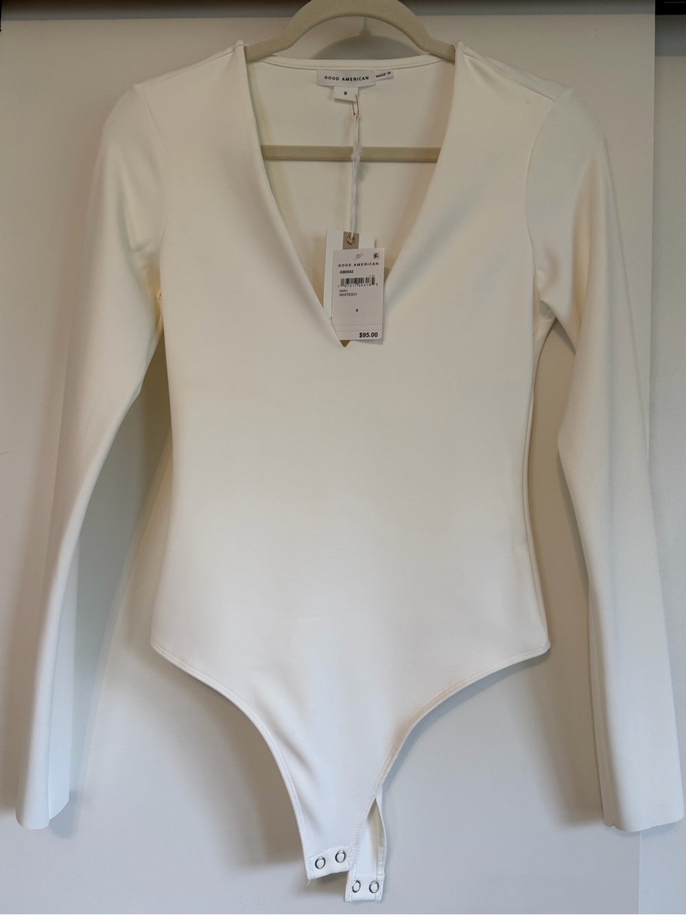 Good American White V-Neck Long Sleeve Bodysuit NWT